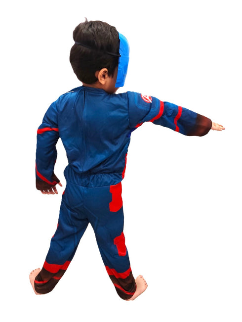BookMyCostume 3 Pc American Shield Hero Muscle-Look Superhero Costume with Padded Chest, Arms, Plastic Face Mask & plastic Shield | Sublimation Printed Fancy Dress Outfit | Birthday Party Prop | 3-4 Years